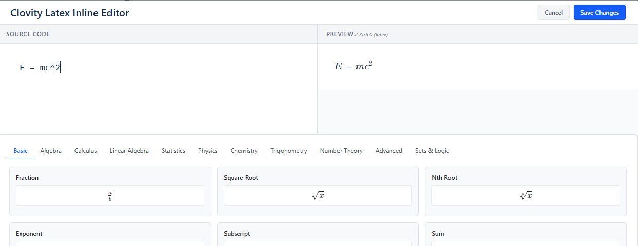 LaTeX Inline Editor - Source and Preview panels with formula category tabs (Basic, Algebra, Calculus, etc.)