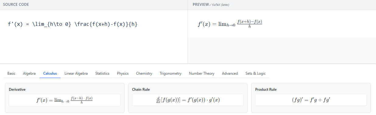 LaTeX Inline Editor showing Calculus tab with Derivative, Chain Rule, and Product Rule formula templates